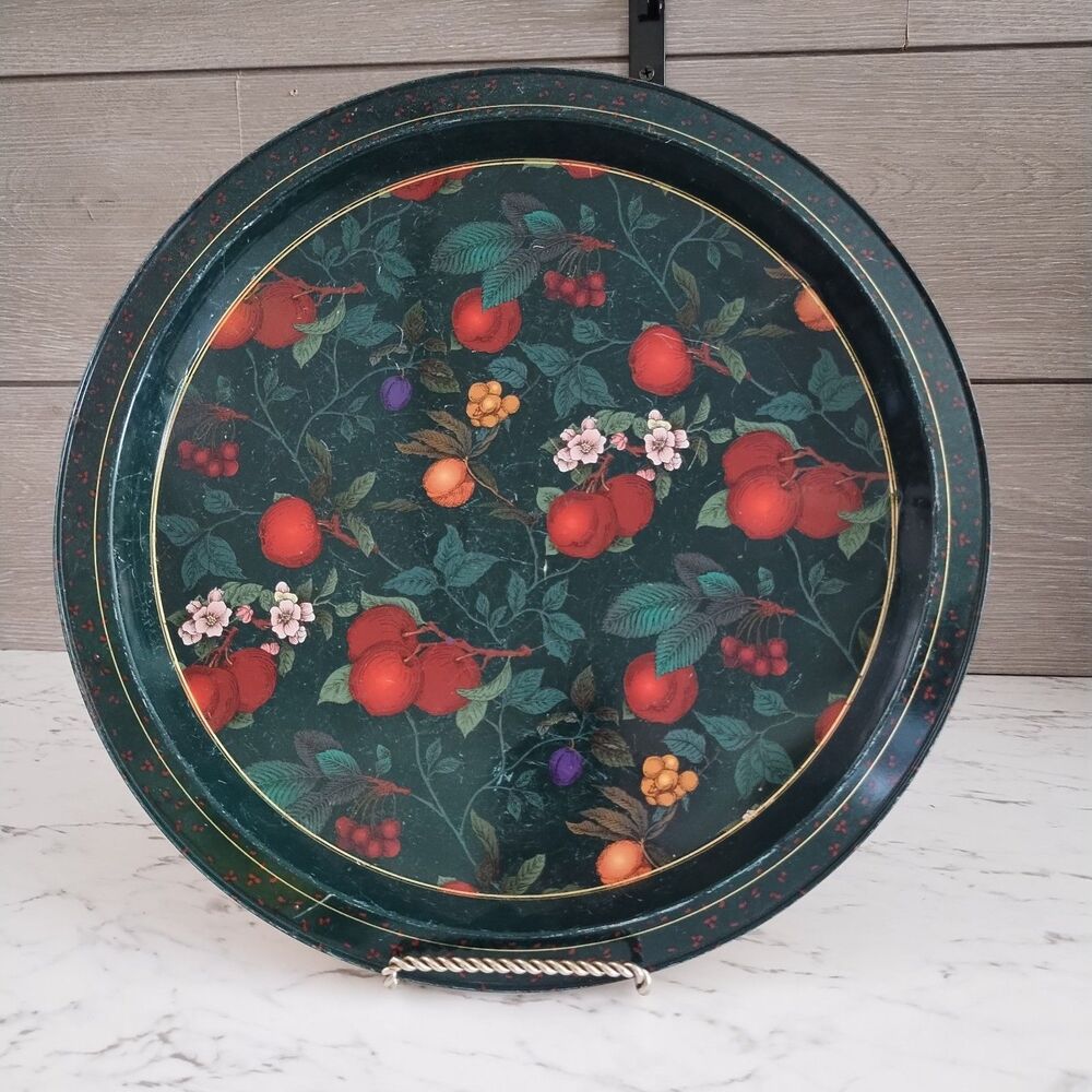Vintage Round Metal Tray With Cherry/Flower Design Black Cottage Core
